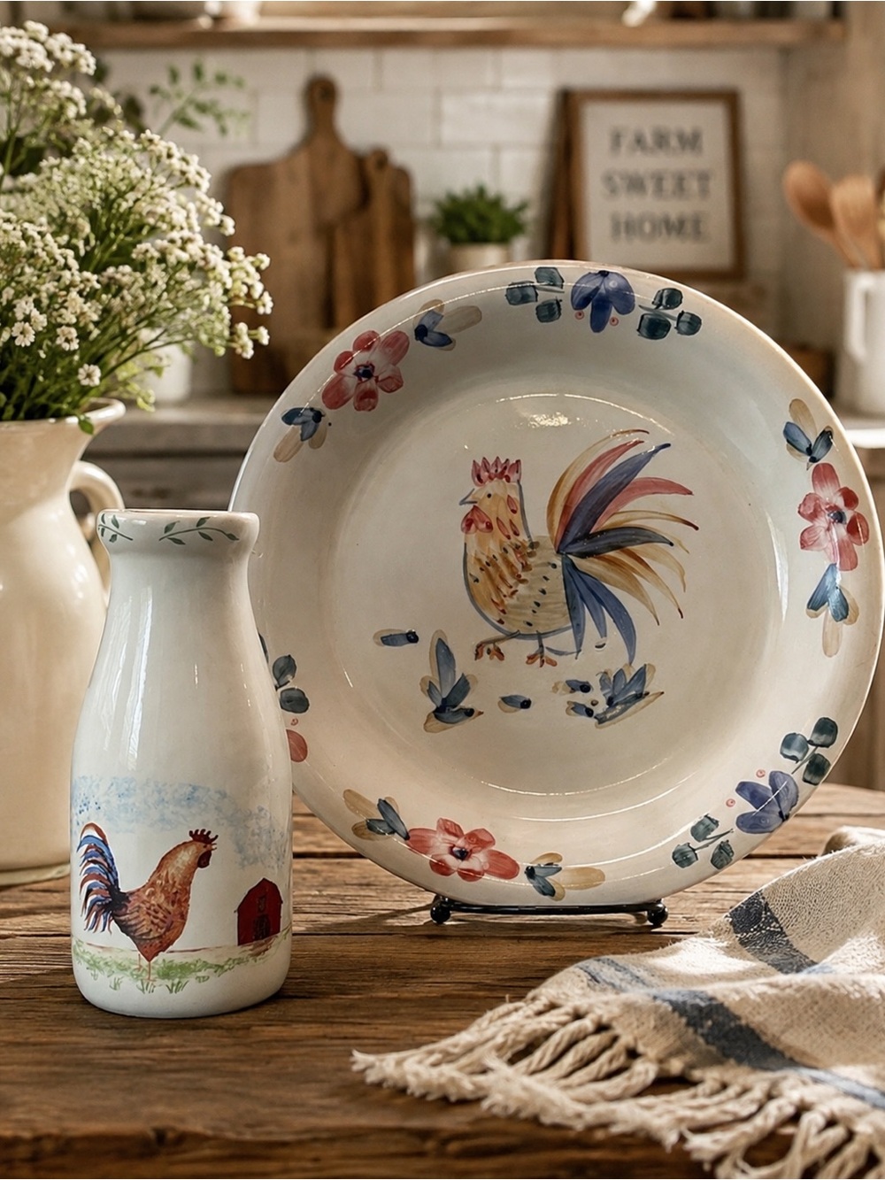 VTG 90s Rooster Plate Bud Vase Set Hand Painted Farmhouse Kitchen Decoor EUC - Picture 2 of 11
